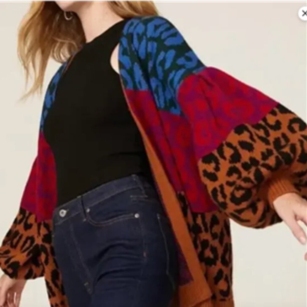 FARM RIO Mixed Print Ikat Dyed Leopard Print Balloon Sleeve Cardigan S $195 NWT - Picture 4 of 6